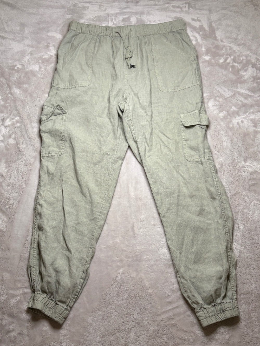 Nicole Miller Linen Cargo Pants Womens L Green Pull On Joggers Drawstring Casual